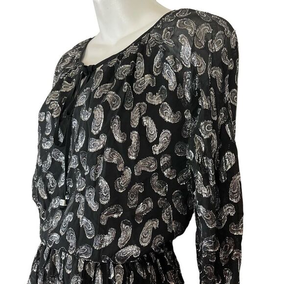 MICHAEL KORS Black Silver Paisley Long Sleeve Metallic Mini Whimsigoth Dress S - Picture 3 of 16